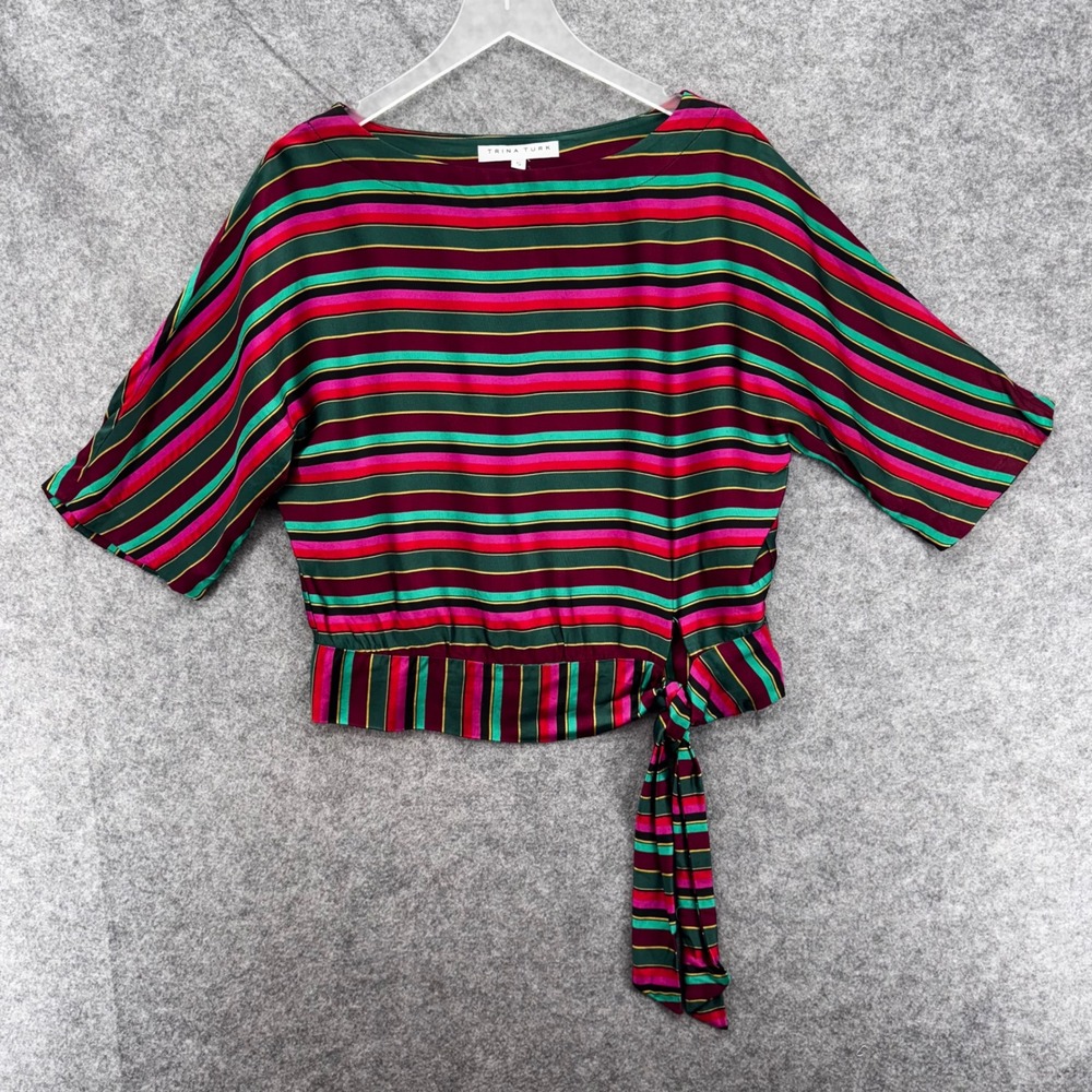 TRINA TURK Women On the Rocks Stripe Boat Neck Top Size S Red Pink Holiday Party - Picture 6 of 12
